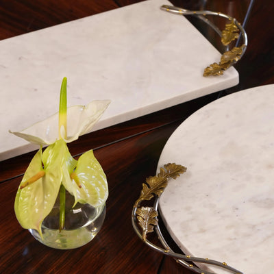 Bandeja Retangular Marmore com Alças Folhas Metal Object Bahali 3x41x23cm