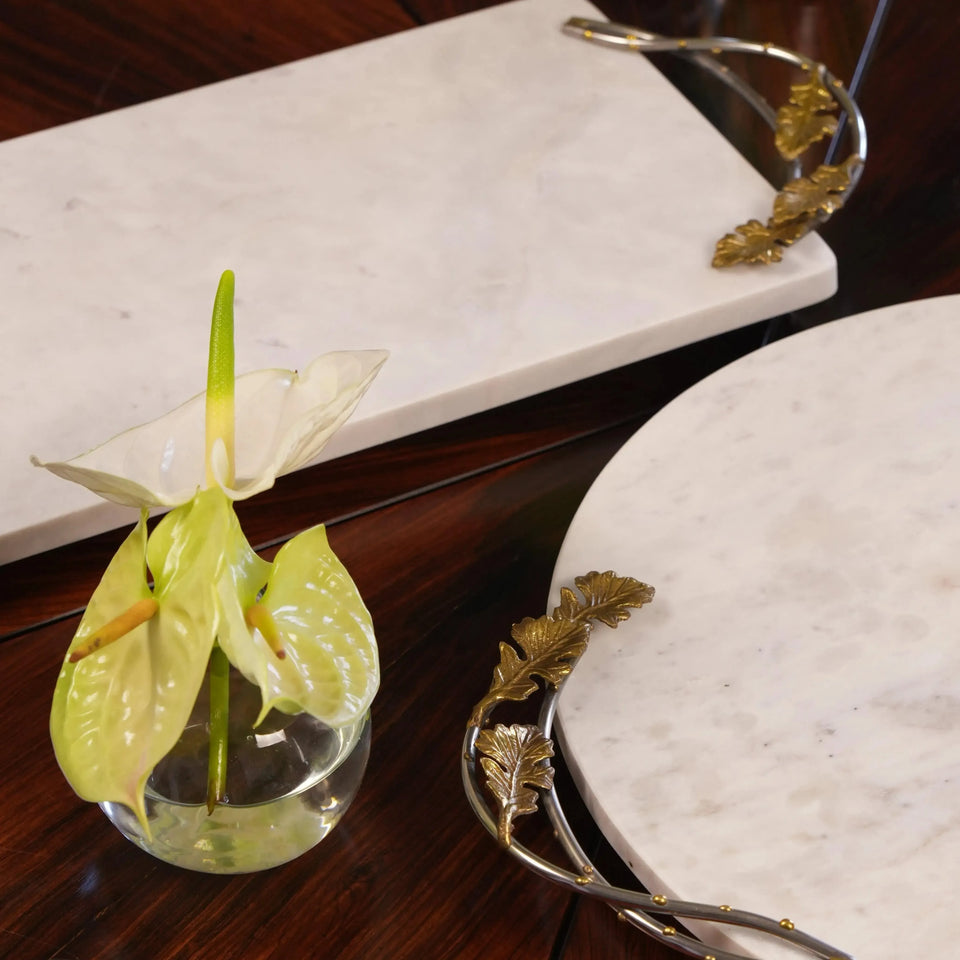 Bandeja Retangular Marmore com Alças Folhas Metal Object Bahali 3x41x23cm