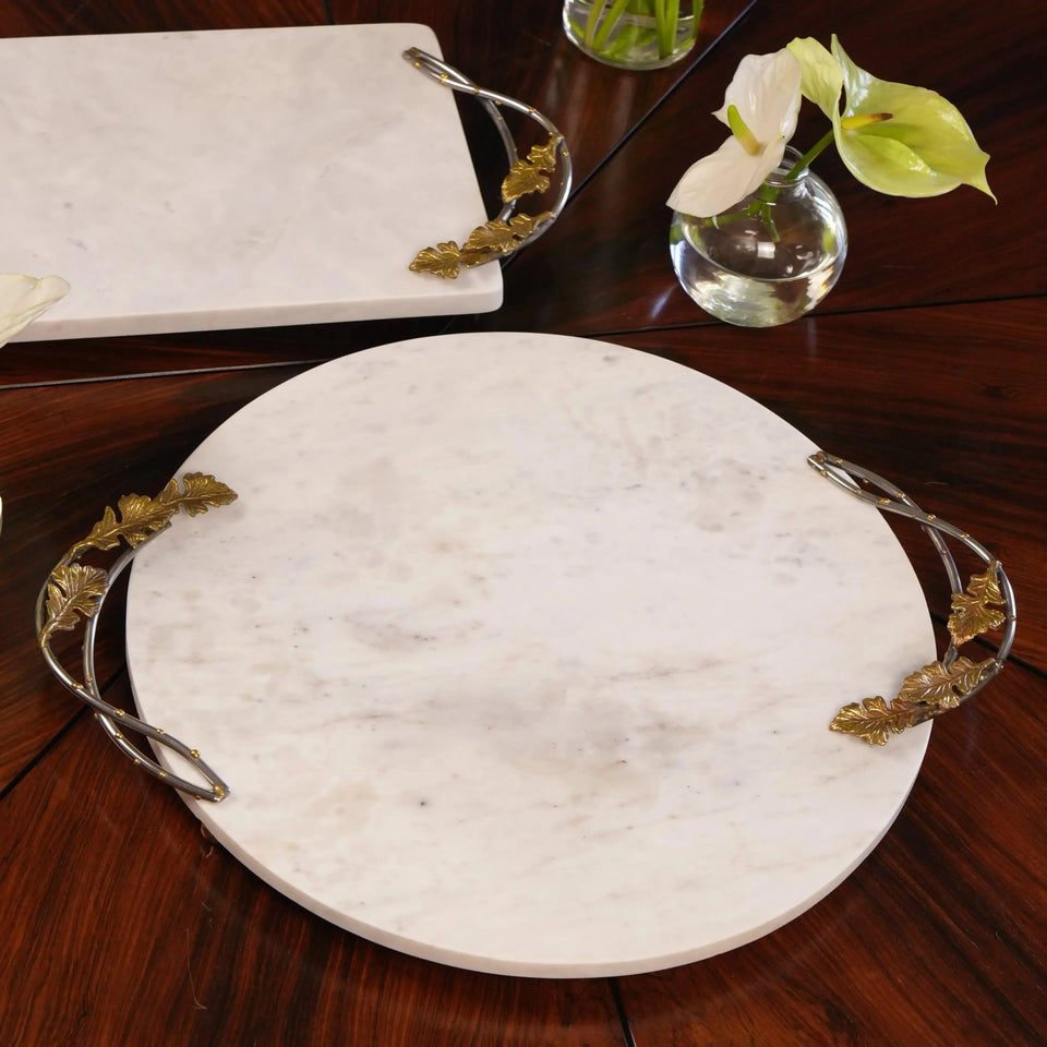 Bandeja Redonda Marmore com Alças Folhas Metal Object Bahali 40,5cm
