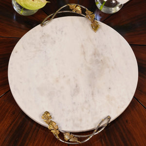 Bandeja Redonda Marmore com Alças Folhas Metal Object Bahali 40,5cm