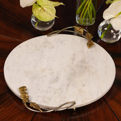 Bandeja Redonda Marmore com Alças Folhas Metal Object Bahali 40,5cm