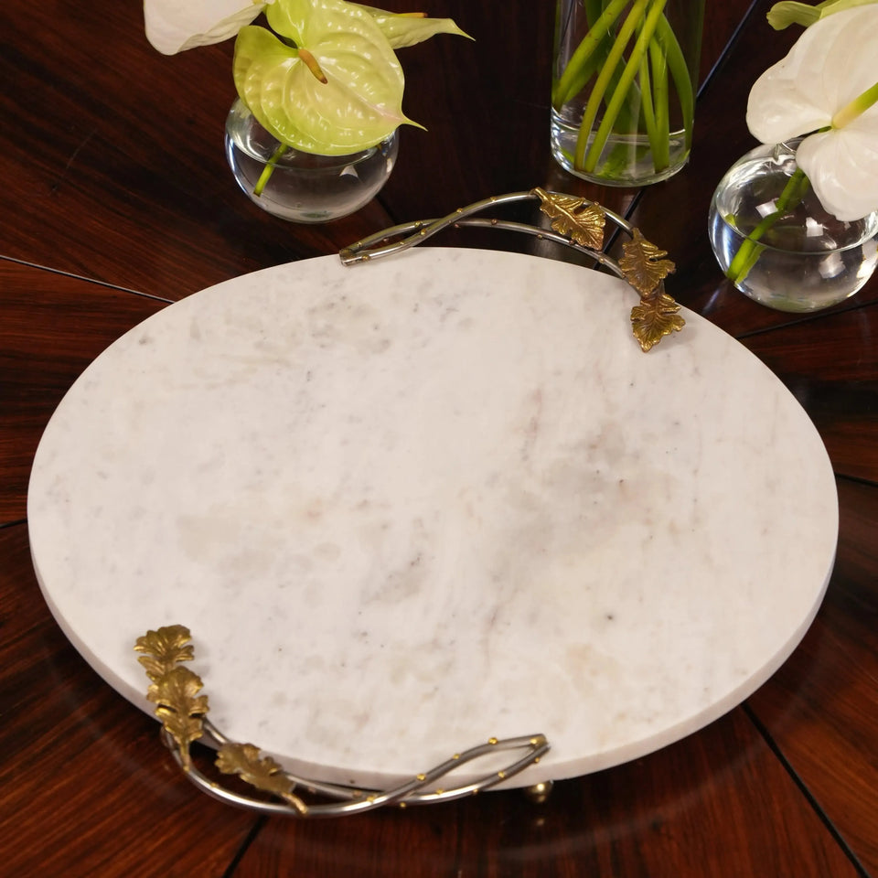 Bandeja Redonda Marmore com Alças Folhas Metal Object Bahali 40,5cm
