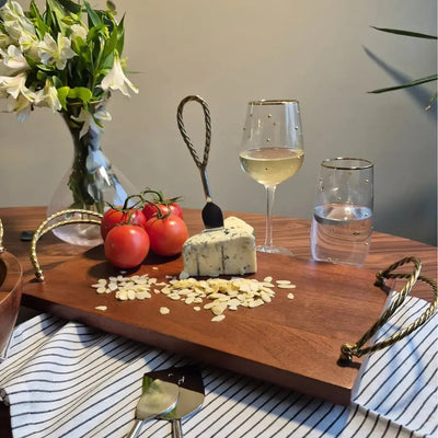 Bandeja Retangular Madeira com Alças Corda Metal Object Bahali 3,5x41x23cm