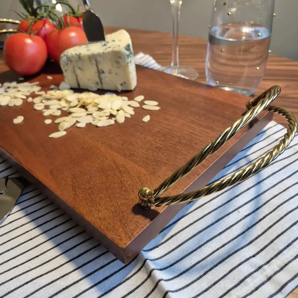 Bandeja Retangular Madeira com Alças Corda Metal Object Bahali 3,5x41x23cm