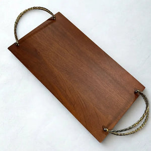 Bandeja Retangular Madeira com Alças Corda Metal Object Bahali 3,5x41x23cm
