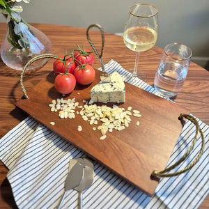 Bandeja Retangular Madeira com Alças Corda Metal Object Bahali 3,5x41x23cm