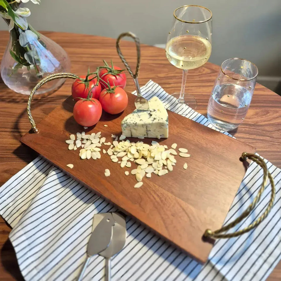 Bandeja Retangular Madeira com Alças Corda Metal Object Bahali 3,5x41x23cm