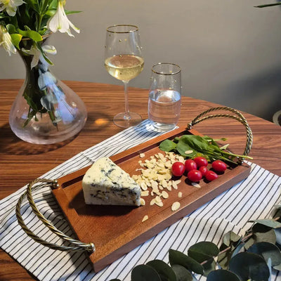 Bandeja Retangular Madeira com Alças Corda Metal Object Bahali 3x33x18cm