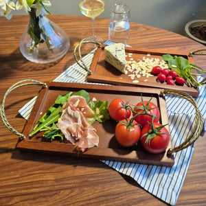 Bandeja Retangular Madeira com Alças Corda Metal Object Bahali 3x35,5x20cm