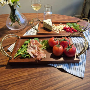 Bandeja Retangular Madeira com Alças Corda Metal Object Bahali 3x35,5x20cm