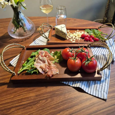 Bandeja Retangular Madeira com Alças Corda Metal Object Bahali 3x35,5x20cm