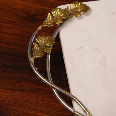 Bandeja Retangular Marmore com Alças Folhas Metal Object Bahali 3x41x23cm