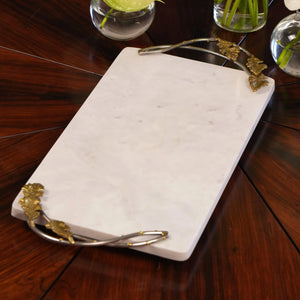 Bandeja Retangular Marmore com Alças Folhas Metal Object Bahali 3x41x23cm