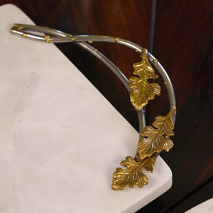 Bandeja Retangular Marmore com Alças Folhas Metal Object Bahali 3x41x23cm