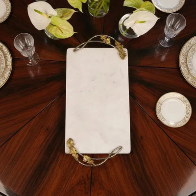 Bandeja Retangular Marmore com Alças Folhas Metal Object Bahali 3x41x23cm