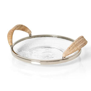 Bandeja Vidro com Alça Rattan 27cm