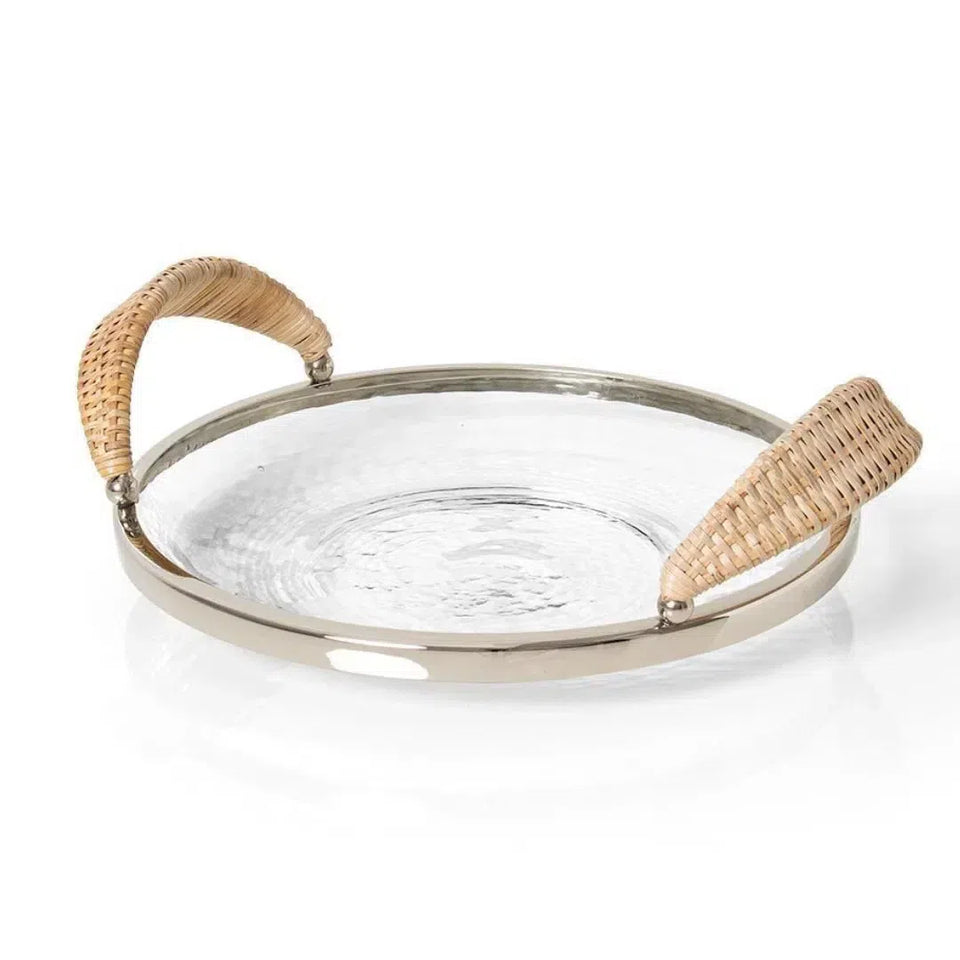 Bandeja Vidro com Alça Rattan 27cm