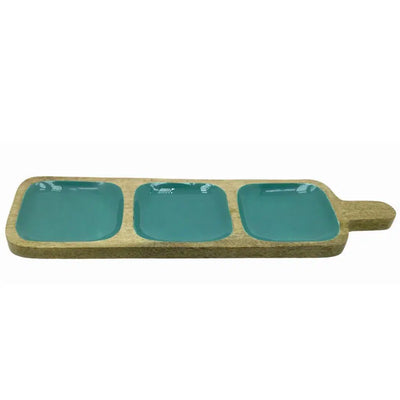 Bandeja em Madeira 3 Partes Turquesa 46x14x2,5cm
