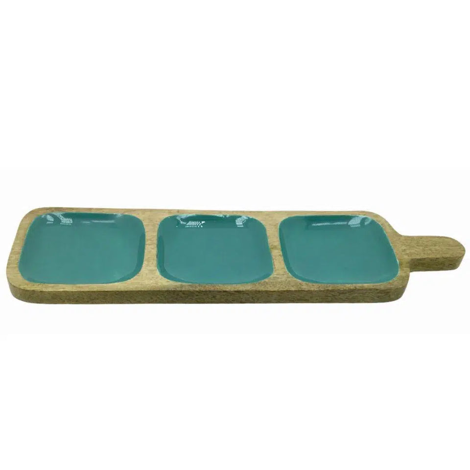 Bandeja em Madeira 3 Partes Turquesa 46x14x2,5cm