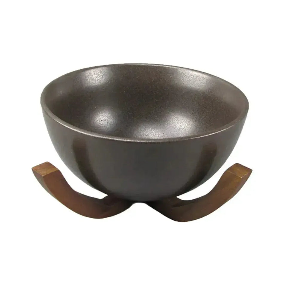 Bowl Cerâmica Marrom com Base de Madeira 23cm Linha Sintonia