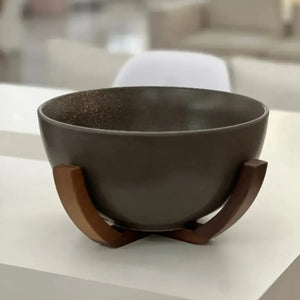 Bowl Cerâmica Marrom com Base de Madeira 23cm Linha Sintonia
