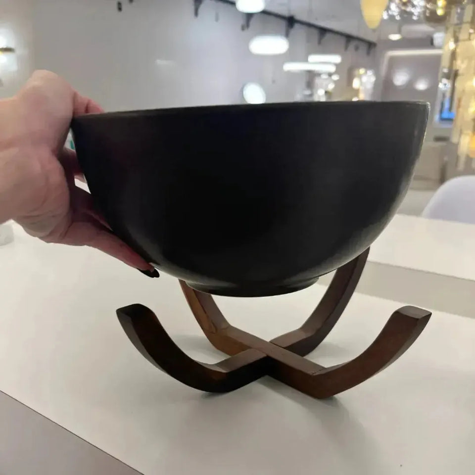 Bowl Cerâmica Marrom com Base de Madeira 27,5cm Linha Sintonia