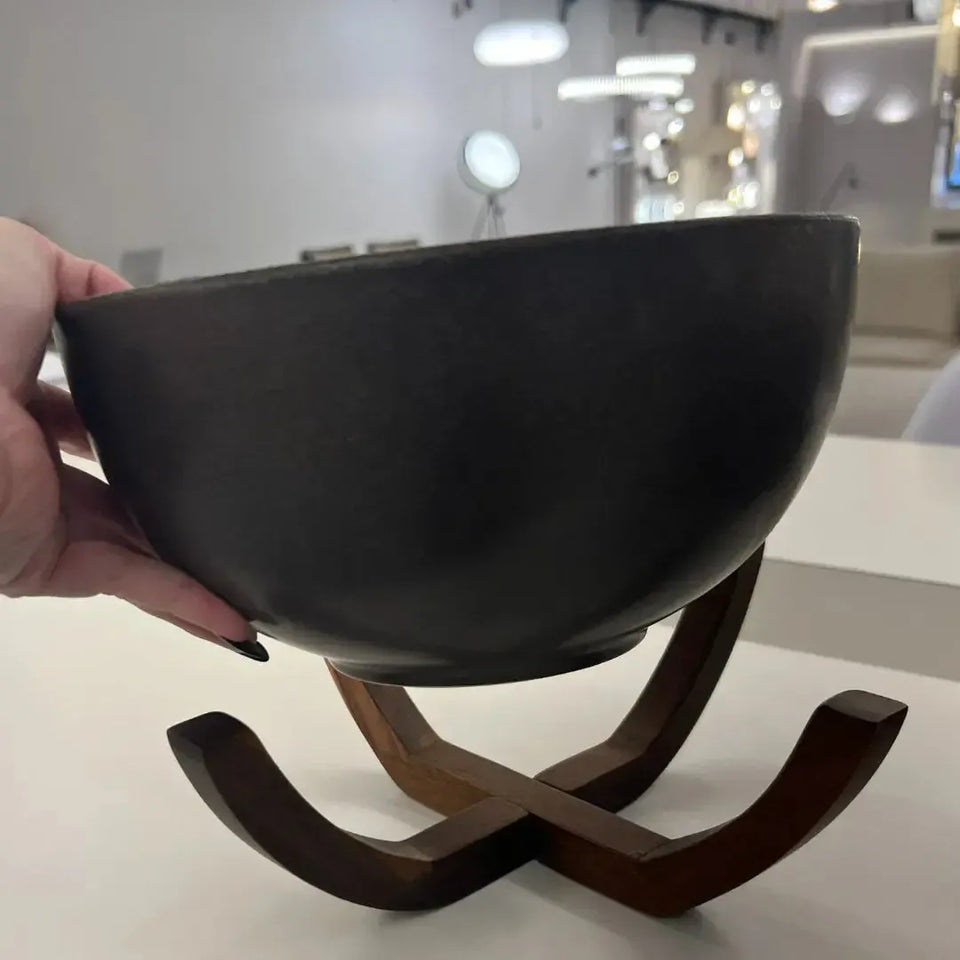 Bowl Cerâmica Marrom com Base de Madeira 27,5cm Linha Sintonia