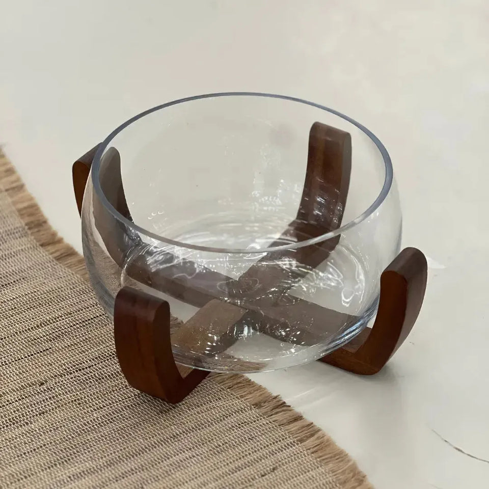 Bowl Vidro com Base de Madeira 21,7cm Linha Sintonia