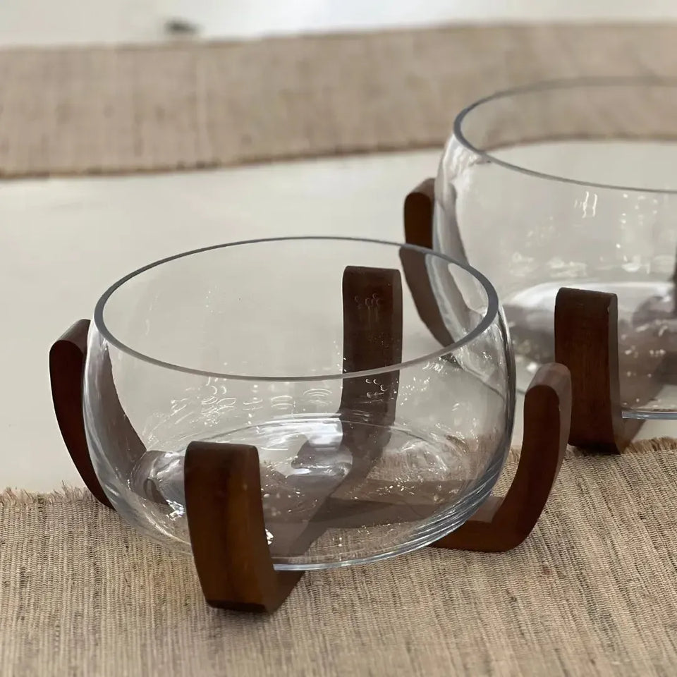Bowl Vidro com Base de Madeira 21,7cm Linha Sintonia