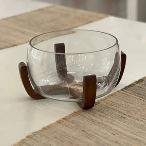 Bowl Vidro com Base de Madeira 26cm Linha Sintonia