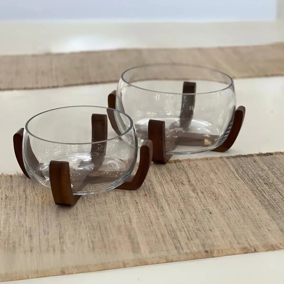 Bowl Vidro com Base de Madeira 26cm Linha Sintonia