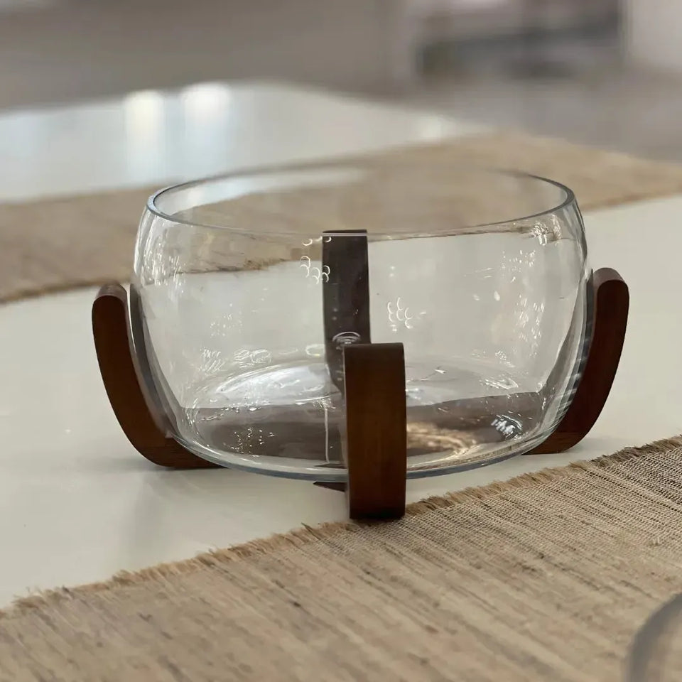 Bowl Vidro com Base de Madeira 26cm Linha Sintonia