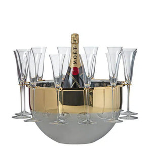 Compre e Ganhe: Champanheira com Suporte para 12 Taças Bottega Inox c/ Detalhes em Ouro Riva + 6 Taças Tulipani 120ml