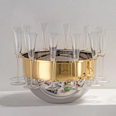 Compre e Ganhe: Champanheira com Suporte para 12 Taças Bottega Inox c/ Detalhes em Ouro Riva + 6 Taças Tulipani 120ml