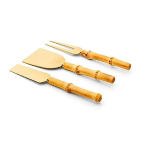 Conjunto 03 Peças para Queijo Garbo Bamboo Aço Inox Natural Dourado