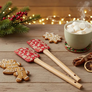 Conjunto 2 Espátulas Cozinha Natal Silicone / Madeira Vermelha