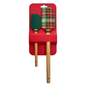 Conjunto 2 Espátulas Cozinha Natal Silicone / Madeira Xadrez Verde