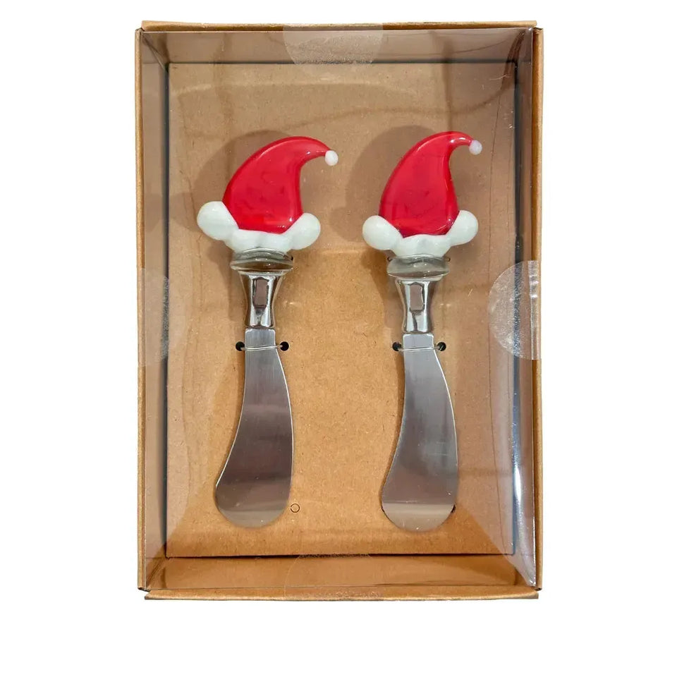 Conjunto 2 Espátulas Natal Patê Metal / Vidro Chapéu Vermelho