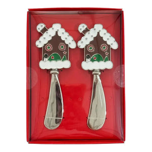 Conjunto 2 Espátulas Patê Natal Metal / Vidro Casa Marrom / Branca