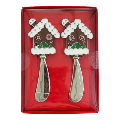 Conjunto 2 Espátulas Patê Natal Metal / Vidro Casa Marrom / Branca