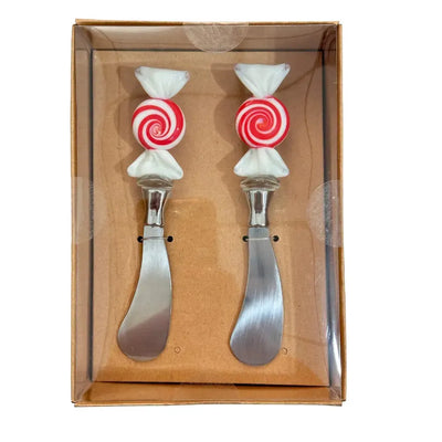 Conjunto 2 Espátulas Patê Natal Metal / Vidro Doces Vermelho e Branco