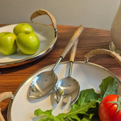 Conjunto 2 Talheres para Salada Alumínio com Cabo Rattan Object Bahali 30,5cm