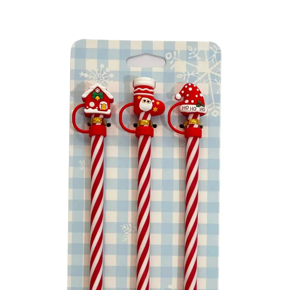 Conjunto 3 Canudos Para Bebidas Natal Silicone Branco / Vermelho