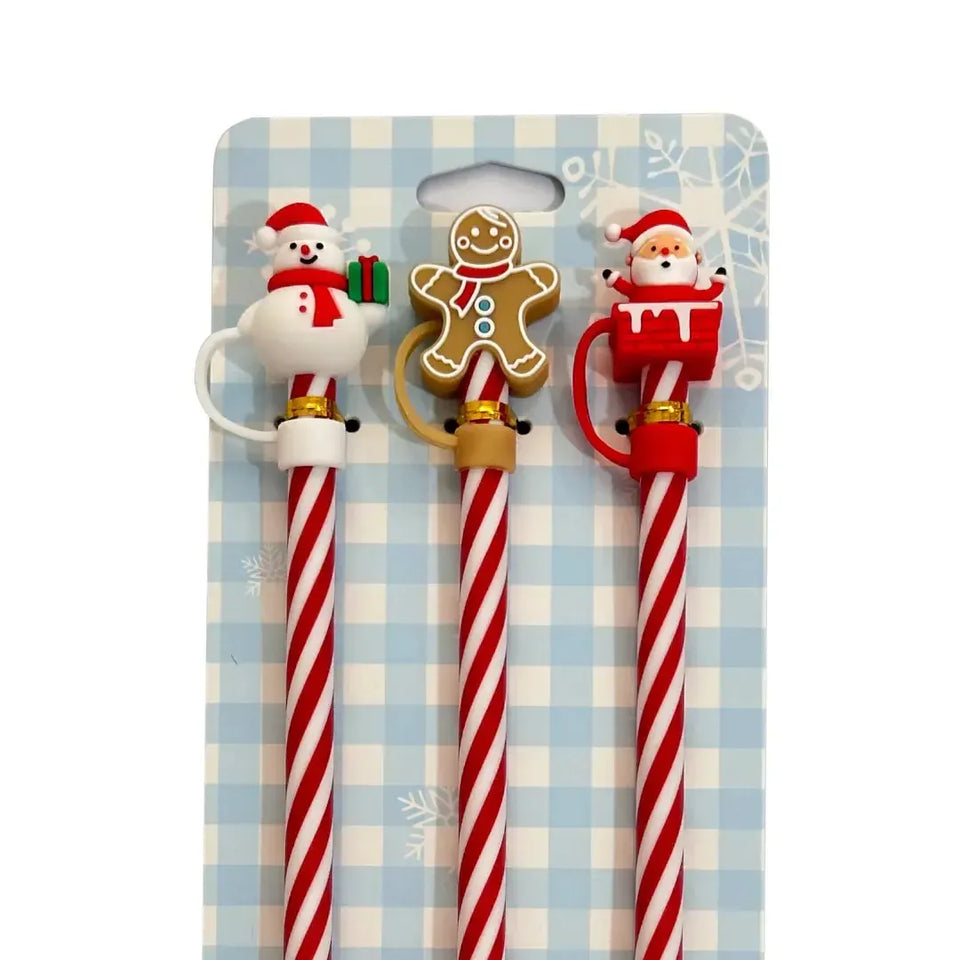 Conjunto 3 Canudos Para Bebidas Natal Silicone Vermelho / Branco