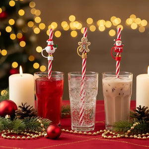 Conjunto 3 Canudos Para Bebidas Natal Silicone Vermelho / Branco