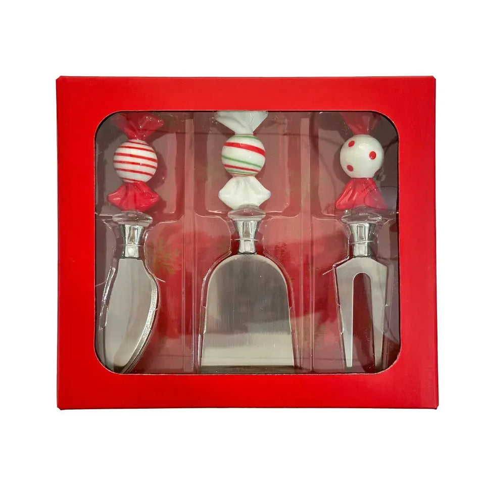 Conjunto 3 Espátulas Queijo Metal / Vidro Doces Natal Vermelho / Branco