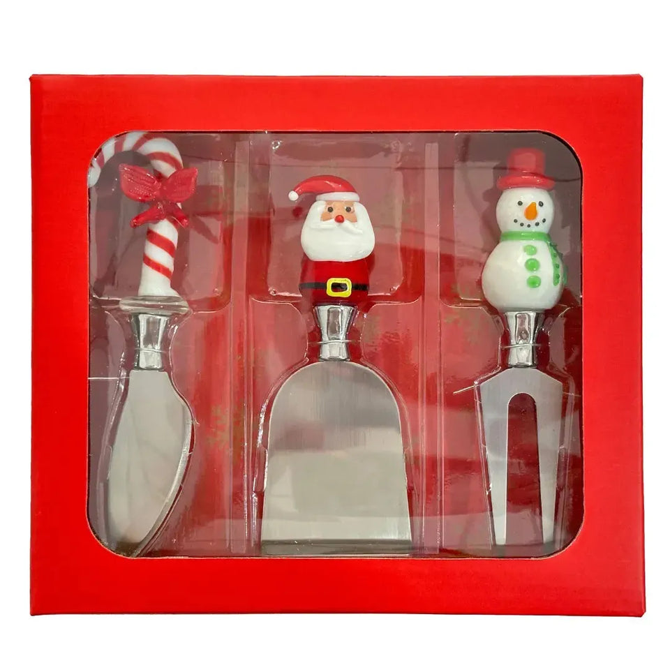 Conjunto 3 Espátulas Queijo Metal /Vidro Papai Noel Boneco Neve Natal Vermelho /Branco