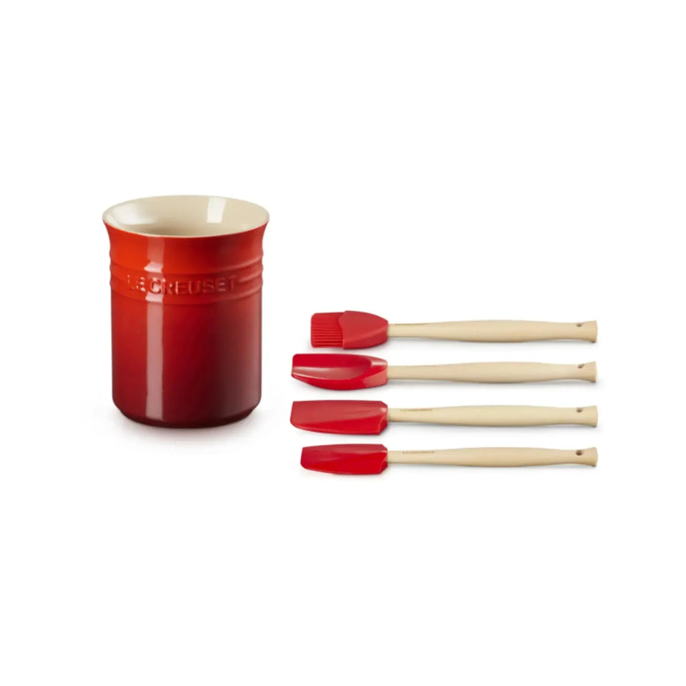 Conjunto 3 Espátulas e 1 Pincel Craft com Porta Utensílios Cerâmica Clássico Vermelho 1,1L Le Creuset