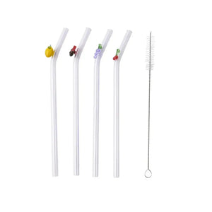 Conjunto 4 Canudos Vidro Reutilizáveis Mix de Frutas com Escova para Limpeza Linha Sintonia