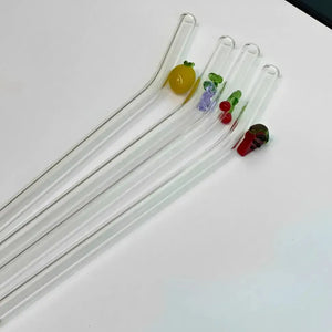 Conjunto 4 Canudos Vidro Reutilizáveis Mix de Frutas com Escova para Limpeza Linha Sintonia